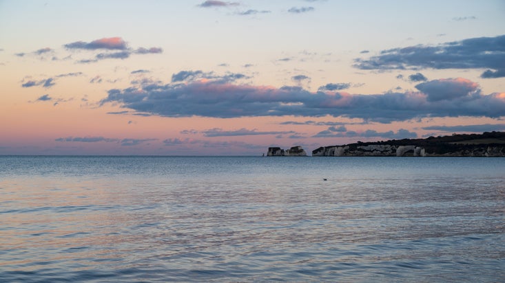 Sunset on Knoll beach in February at Studland Bay, Dorset